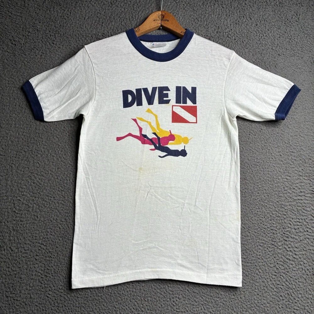 Vintage 80's Diving Graphic Norwegian Cruise Ship Ringer T-Shirt Small USA Made